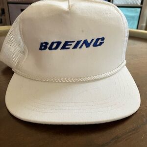 Vintage 80s Boeing SpellOut Snapback Cap Trucker Hat Mesh White